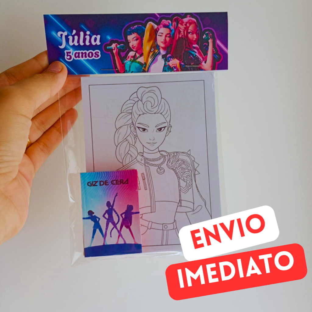 Kit de Colorir Lembrancinha Personalizada | Guerreiras do K-Pop | Caixinha com 5 Giz de Cera | Aniversário Infantil