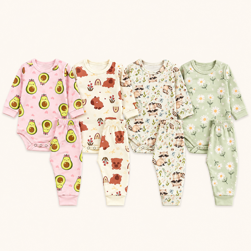 Conjunto Térmico Bebê Body + Calça Feminino Inverno RN ao GG Quentinho Estampas Sortidas