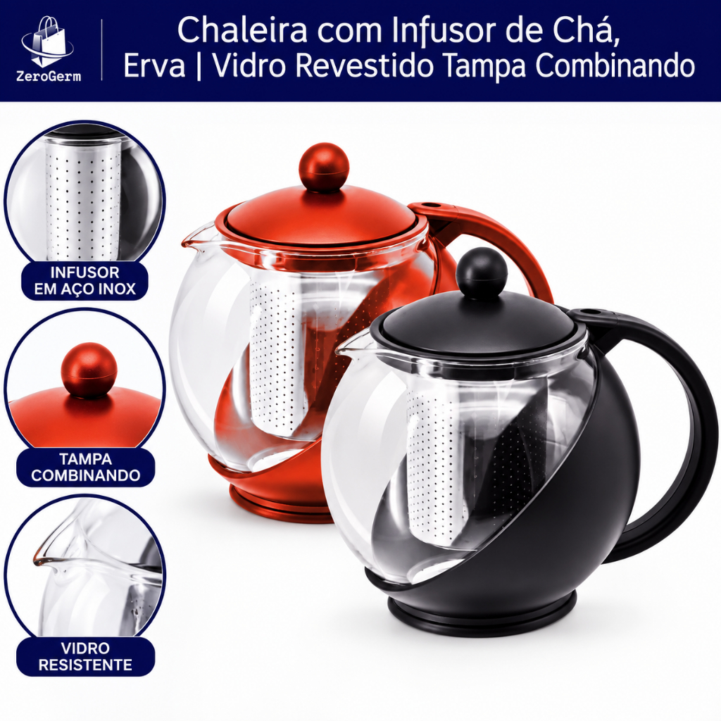 Chaleira com Infusor de Chá, Erva | Vidro Revestido Tampa Combinando + Delicadeza Mesa Posta