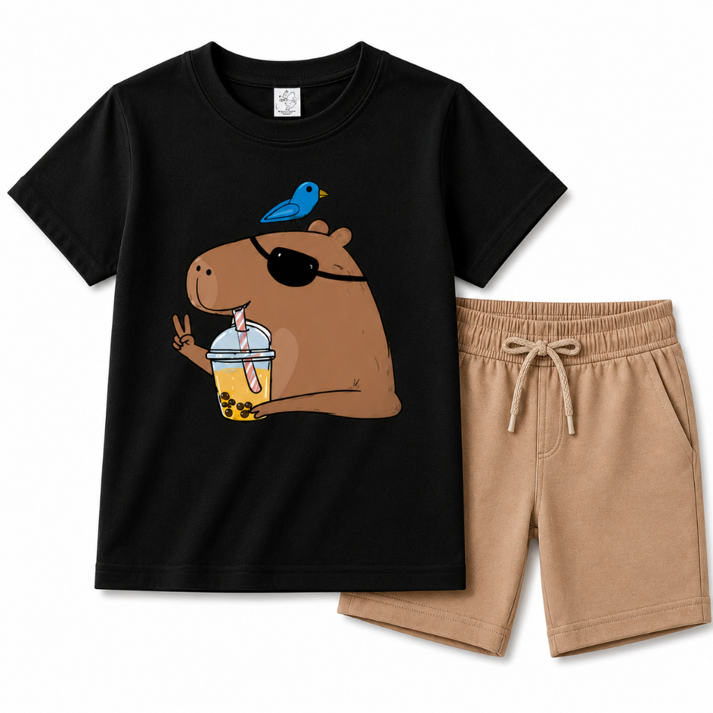 Conjunto Infantil Masculino Camiseta Estampada Capivara Com Bermuda Menino 100% Algodão Confortável