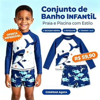 Moda Praia Infantil: Kit Praia Camiseta Manga Longa com Proteção Solar e Sunga UV