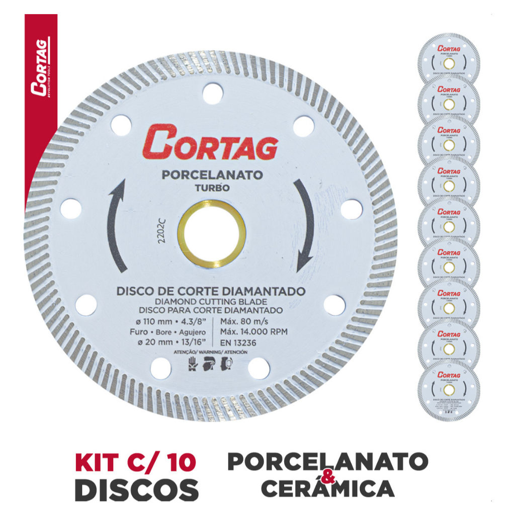 Kit 10 Discos Diamantados Cortag 110mm Para Porcelanato Cerâmica Turbo Corte Seco Serra Mármore
