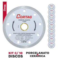 Kit 10 Discos Diamantados Cortag 110mm Para Porcelanato Cerâmica Turbo Corte Seco Serra Mármore