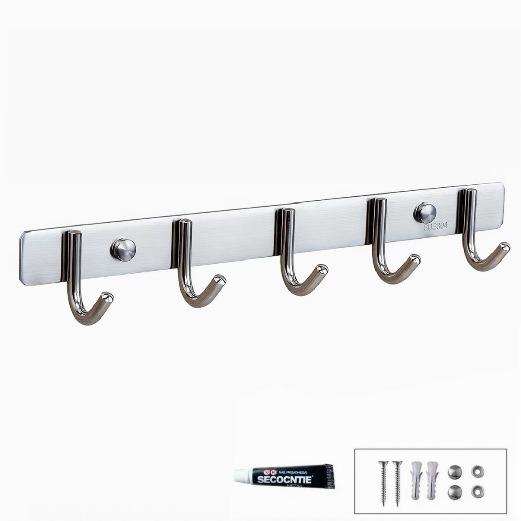 Gancho de Parede em Aço Inoxidável 304, Suporte com 5 Ganchos, Instalação Autocolante ou com Parafusos