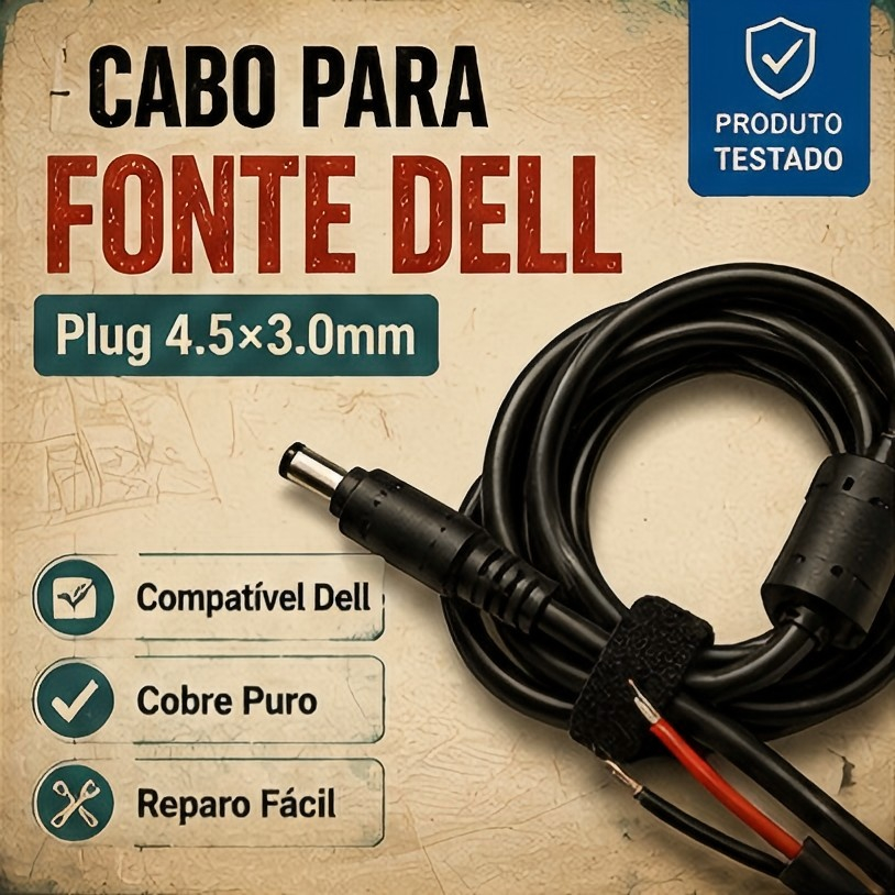 Cabo Para Fonte Dell DC Power Jack Plug 4.5×3.0mm Compatível Inspiron Latitude Vostro