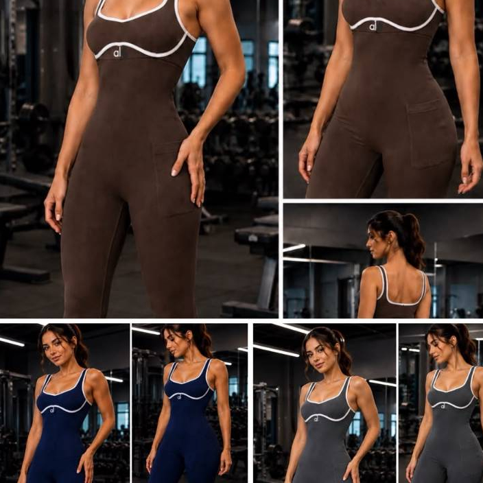 Macacão Fitness Feminino Longo Com Bolso Academia Treino Detalhe Branco Modelador