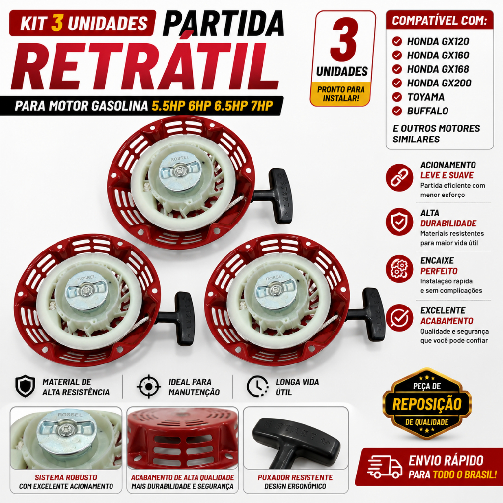 Kit 3 Partida Retrátil Motor Gasolina 5.5hp 6.5hp 6hp 7hp Branco Toyama Buffalo Honda Gx120 160 200