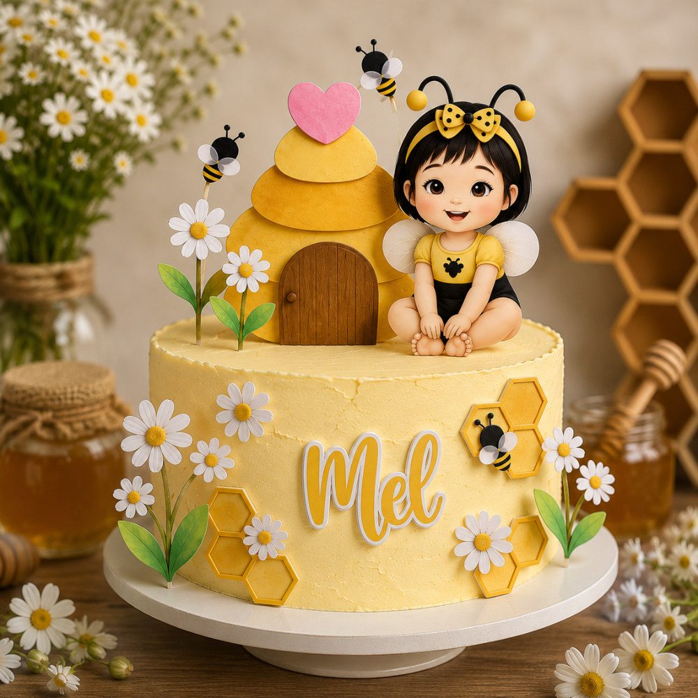 Topo Topper de Bolo Abelhinha Personalizado Mesversário Decoração Festa Aniversário Infantil