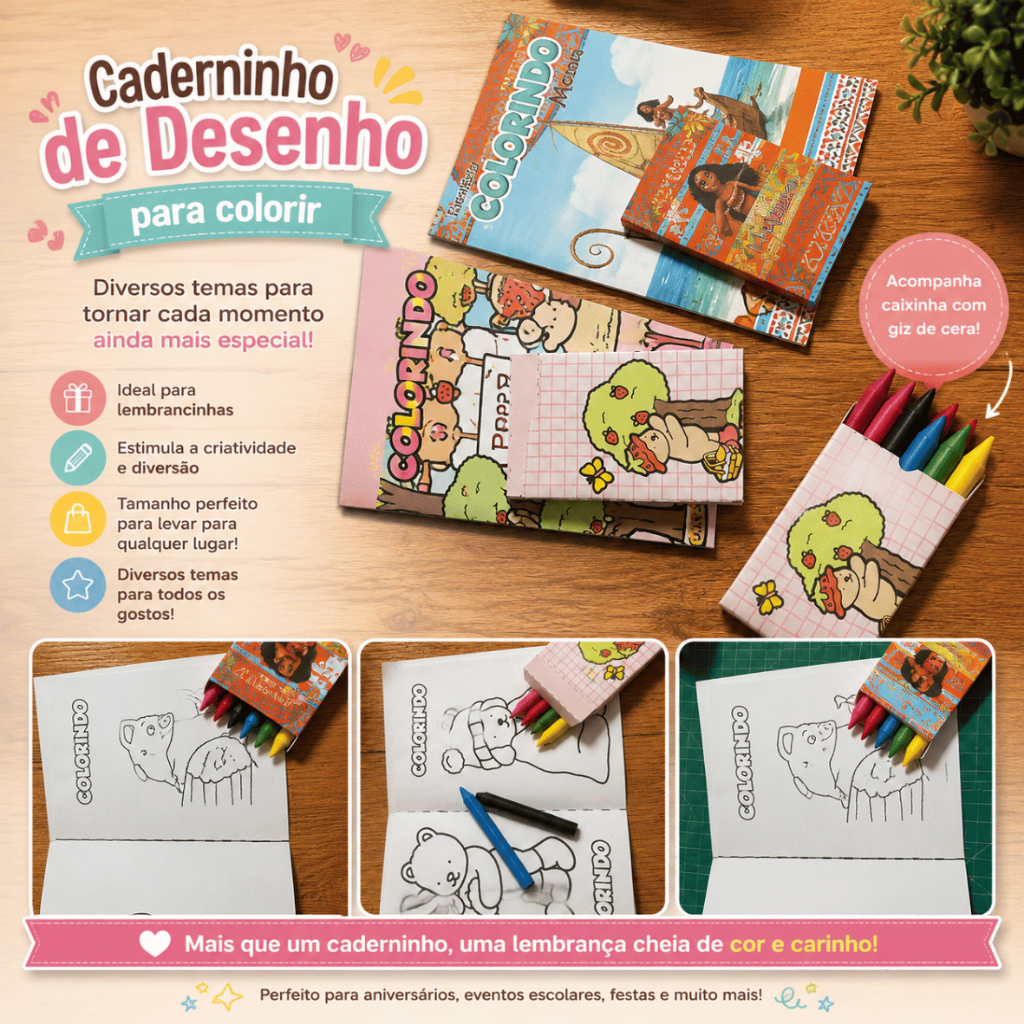 Kit Livrinho de Colorir Personalizado + Giz de Cera | Lembrancinha Infantil para Aniversário, Escola e Eventos