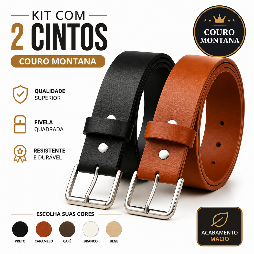 Kit 2 Cintos Femininos em Couro Montana Premium com Fivela Quadrada