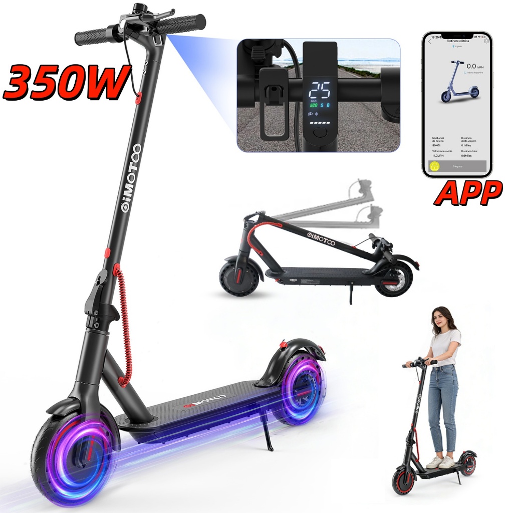 Patinete Elétrico 350W Dobrável, Autonomia 35km, Pneus Antiderrapantes, Freio a Disco, Suporta 120kg