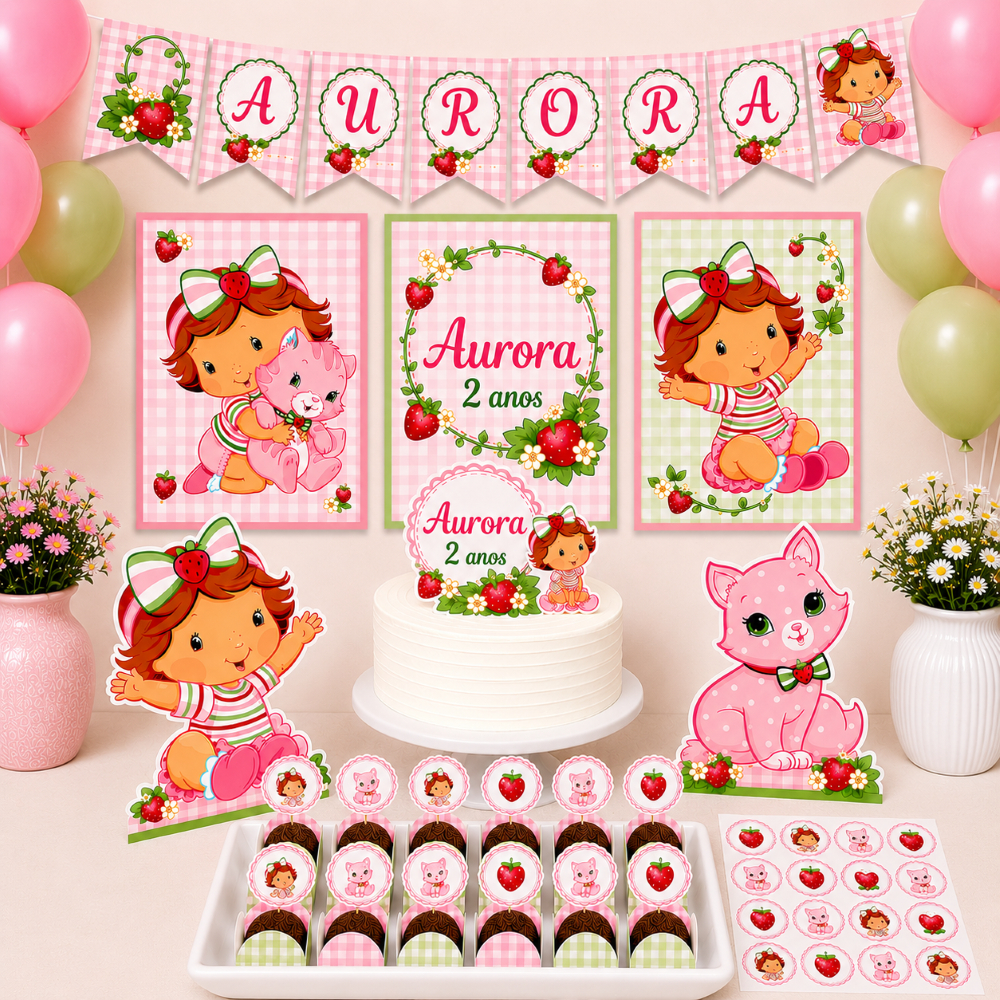 ENVIO IMEDIATO | Kit Festa Moranguinho Baby | Só um Bolinho | Personalizados | Lembrancinhas | Aniversário e Mêsversário