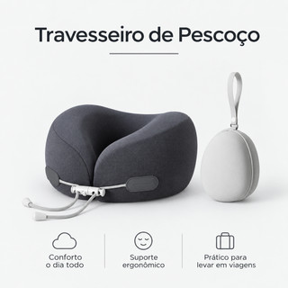 Travesseiro de Pescoço para Viagem com Espuma Tipo Nasa Ergonômico com Estojo Compacto
