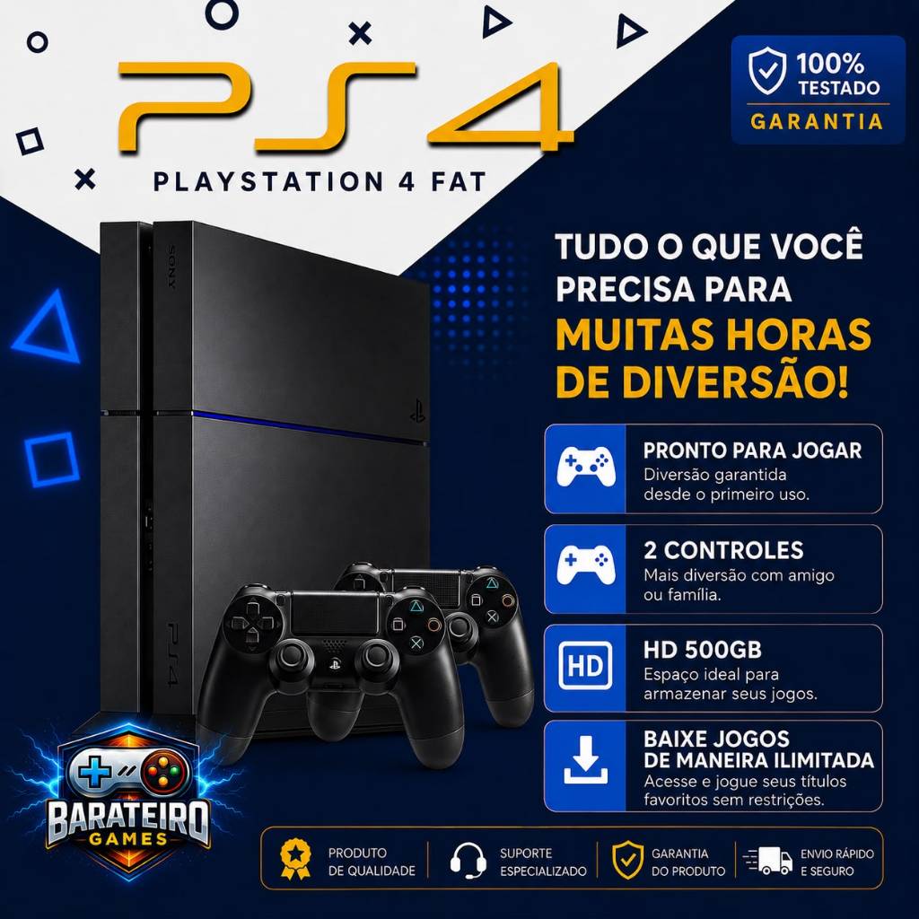 PlayStation 4 Fat 500GB ou 1TB OU 2TB | 2 Controles | Pronto para Jogar