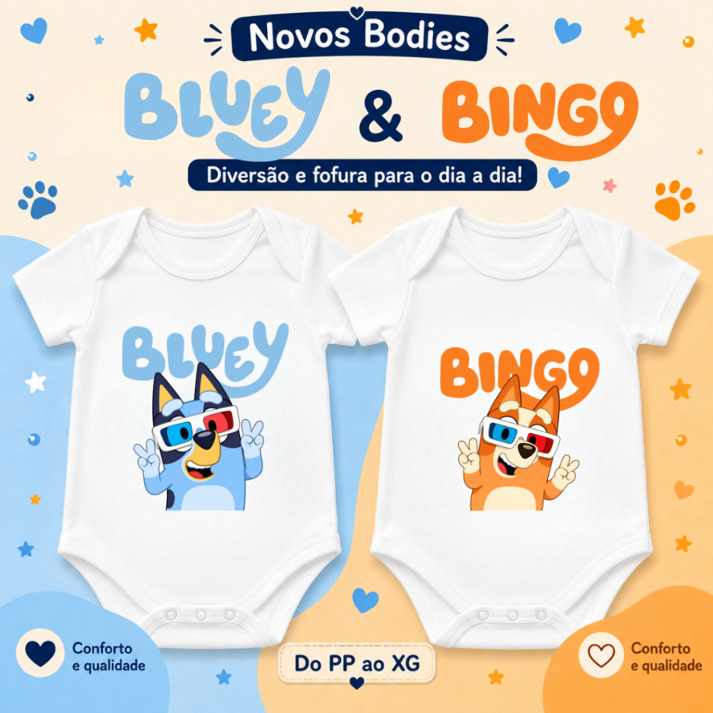 Body Bebê Bluey e Bingo Infantil Menino Menina Roupa de Bebê Estampado Bluey ou Bingo Manga Curta Manga Longa