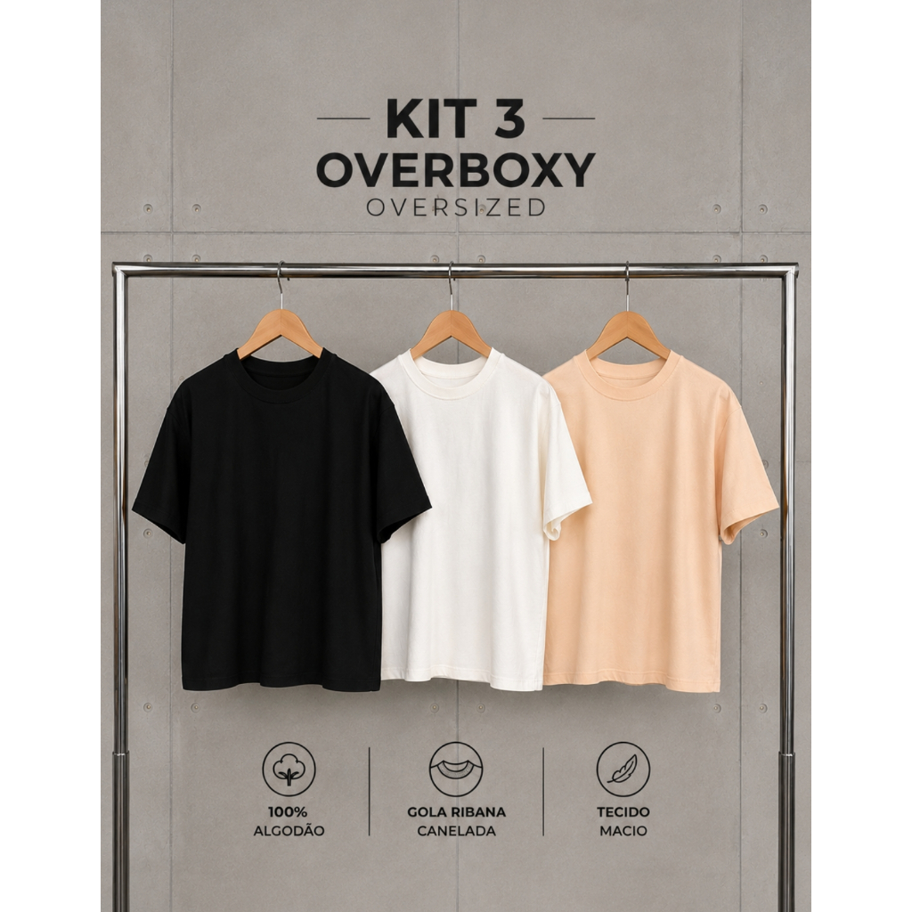 Kit 3 Blusas Feminina T-shirt Camiseta Oversized Overboxy Básica 100% Algodão Confortável Gola Ribana
