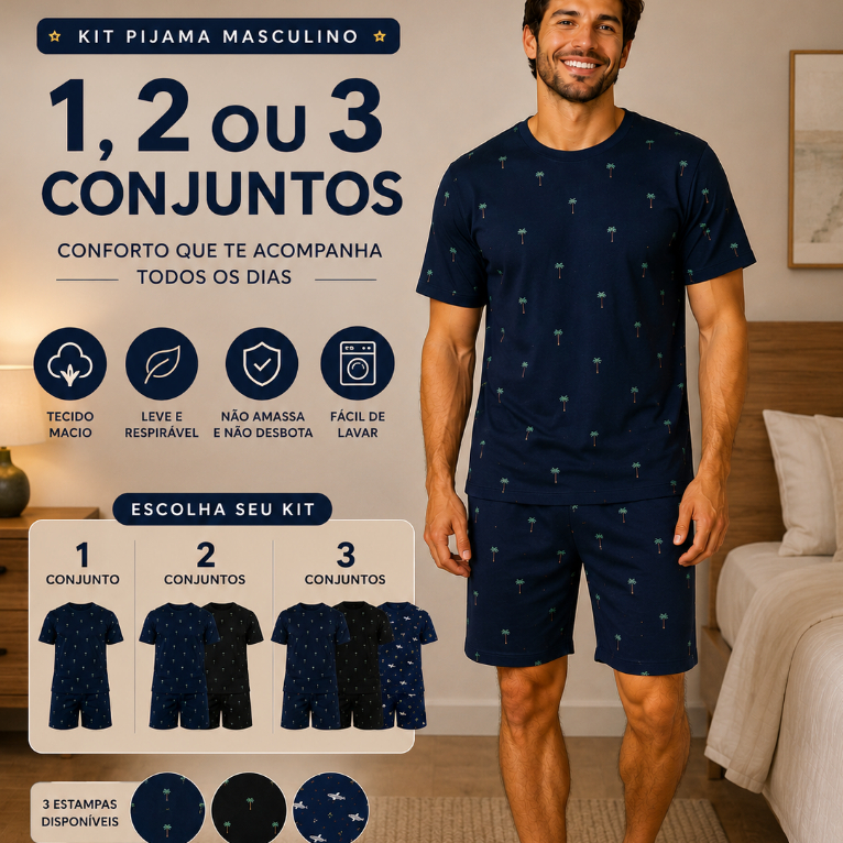 Pijama masculino shorts e camiseta suede premium