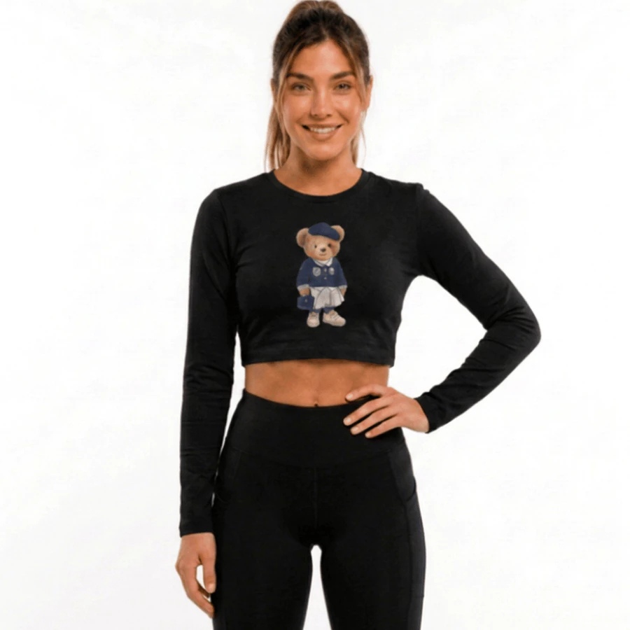 Cropped Feminino Urso Manga Longa Fitness Academia Top Esportivo Elastano Confortável Caminhada Corrida Yoga Leve Fit