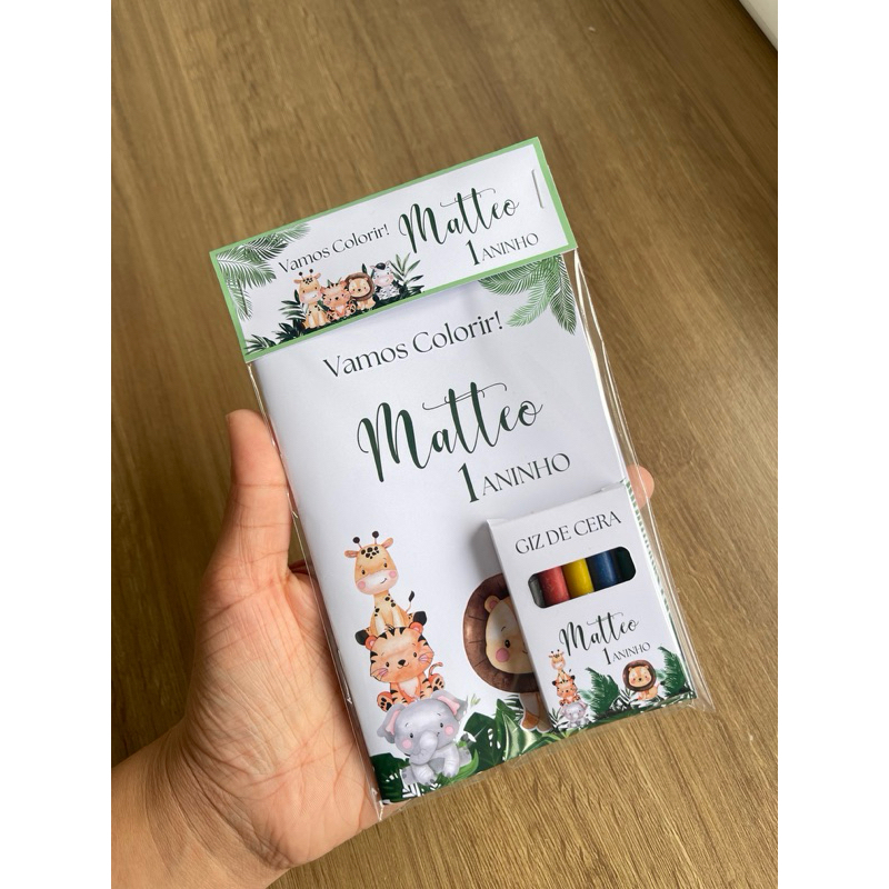 Kit Colorir Safari Baby - Personalizado - Com Giz de Cera - Lembrancinha de Aniversário Infantil