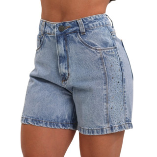 Short Pedalete Jeans Feminino, Sem Lycra Cintura Alta Detalhe de Brilho Na Lateral Revesst Jeans