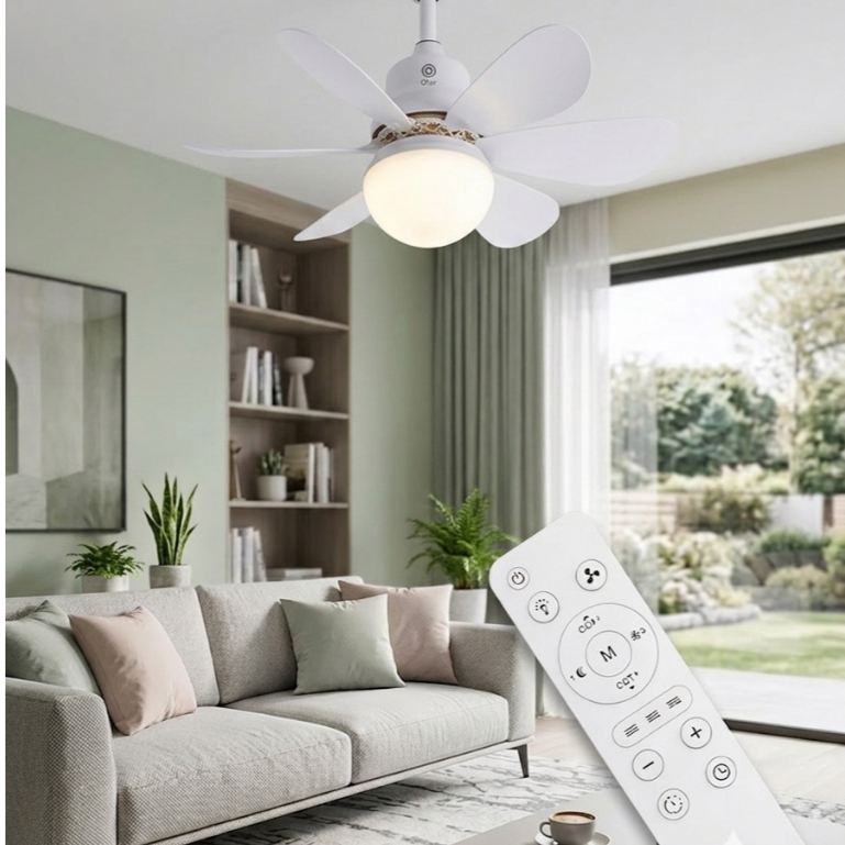Ventilador de Teto 60W Controle Remoto Lâmpada Led Bivolt 3 Velocidade 3 Cores de Luz E27