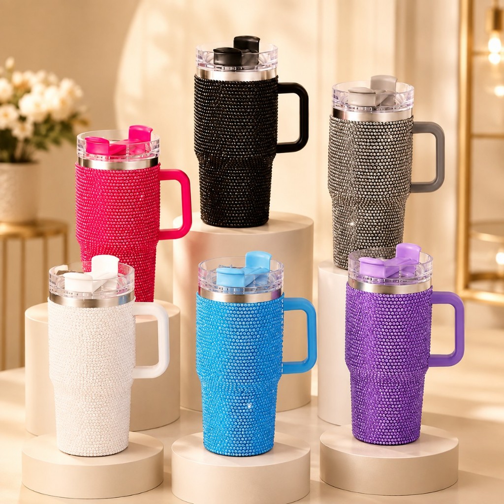 Copo Térmico Garrafa strass brilhante Com Tampa Alça Canudo 420ML Grande Capacidade Quente e Frio