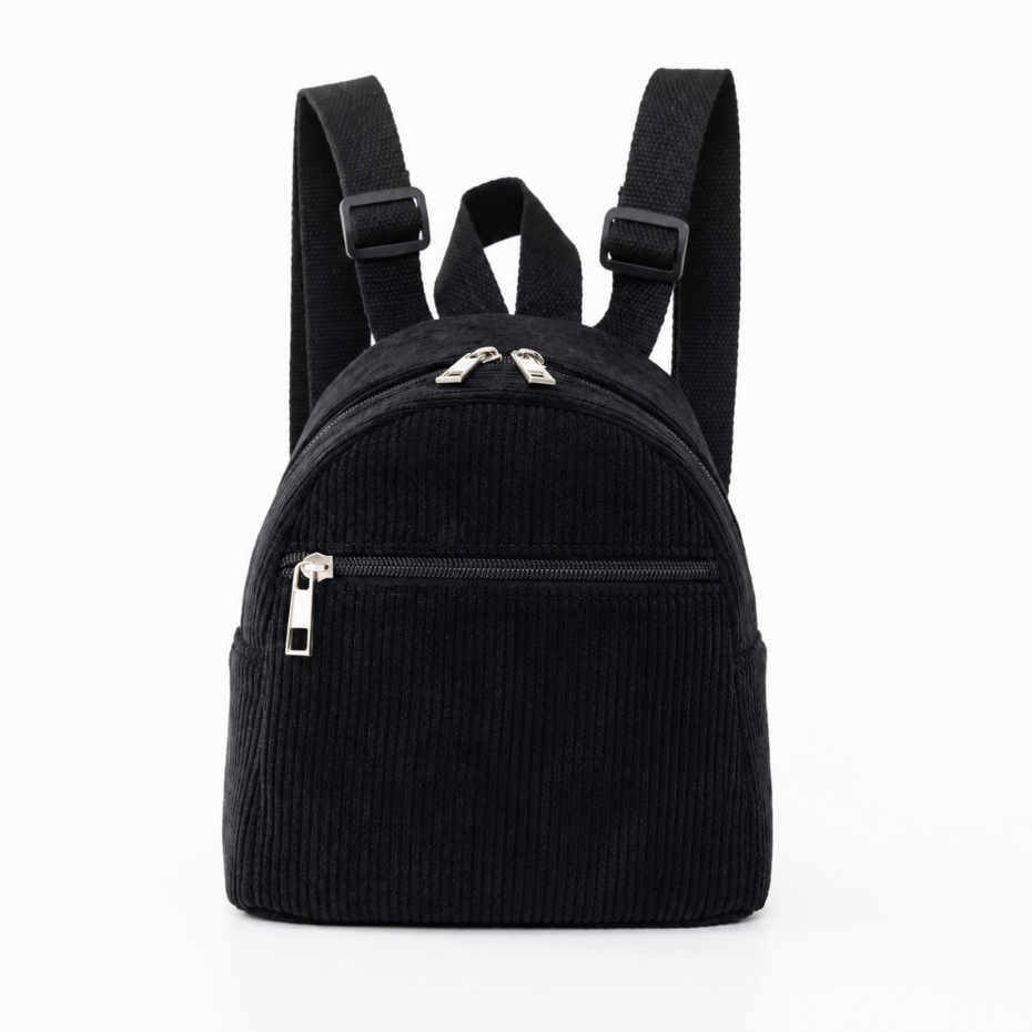 Mini Mochila Feminina Veludo Cotelê Pequena Casual com Bolso Frontal e Alças Ajustáveis