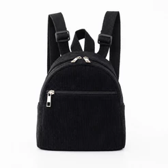 Mini Mochila Feminina Veludo Cotelê Pequena Casual com Bolso Frontal e Alças Ajustáveis