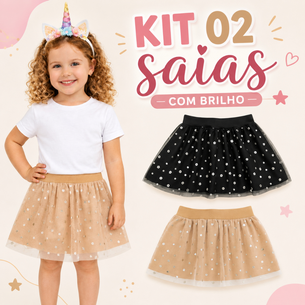Kit 2 Saias Infantil Menina Verão Estilo Tule Estampado Delicado Fashion Confortável Antialérgico