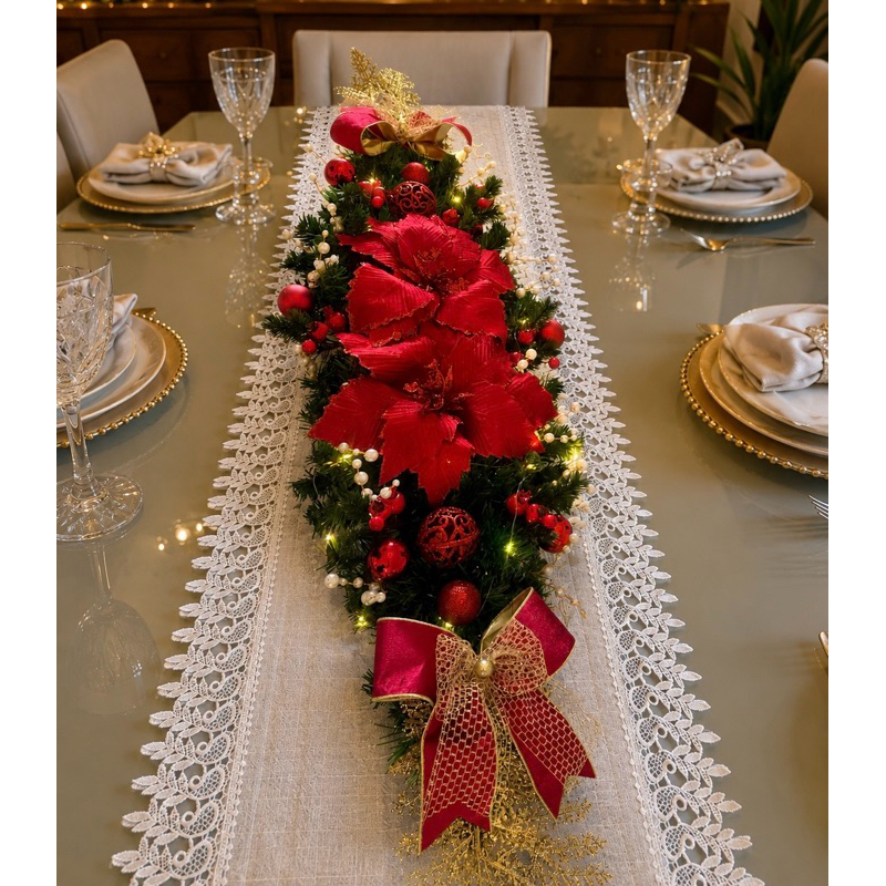 Arranjo Natalino de Mesa Luxo em Vermelho e dourado com pérolas