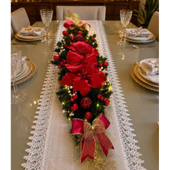 Arranjo Natalino de Mesa Luxo em Vermelho e dourado com pérolas