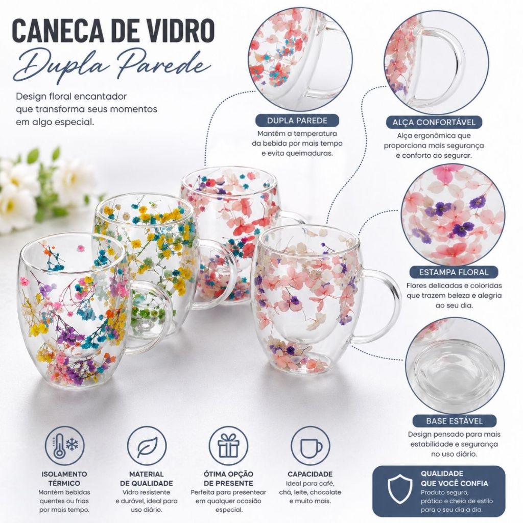 Caneca De Vidro Parede Dupla 350ml Com Flor Seca Xícara Transparente Elegante Resistente Café Duhome