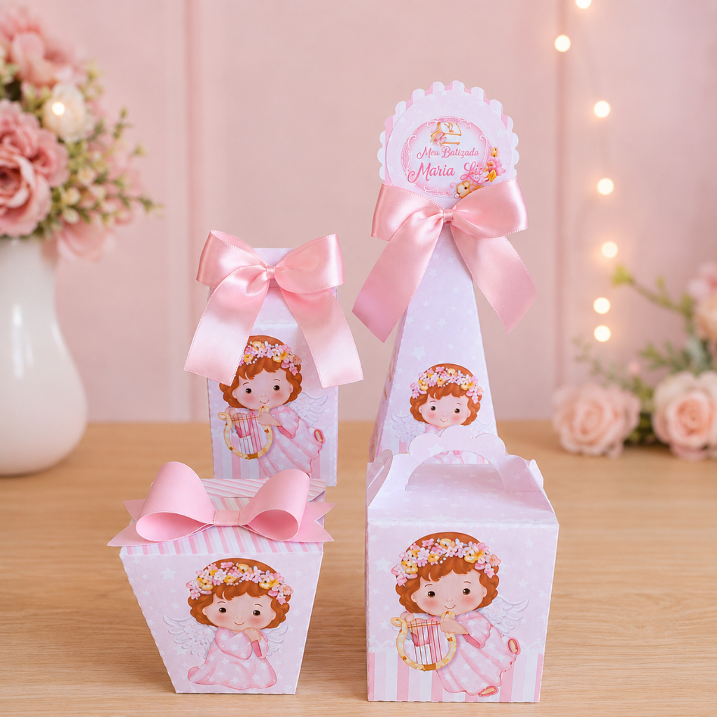 Kit Festa Batizado Rosa | Personalizados | Aniversários | Papelaria Personalizada | caixinhas | Lembrancinhas