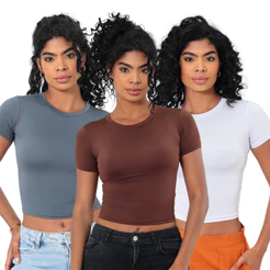 KIT 3: Baby Tee Feminina - Blusa Slim Fit Manga Curta - Blusa de Compressão