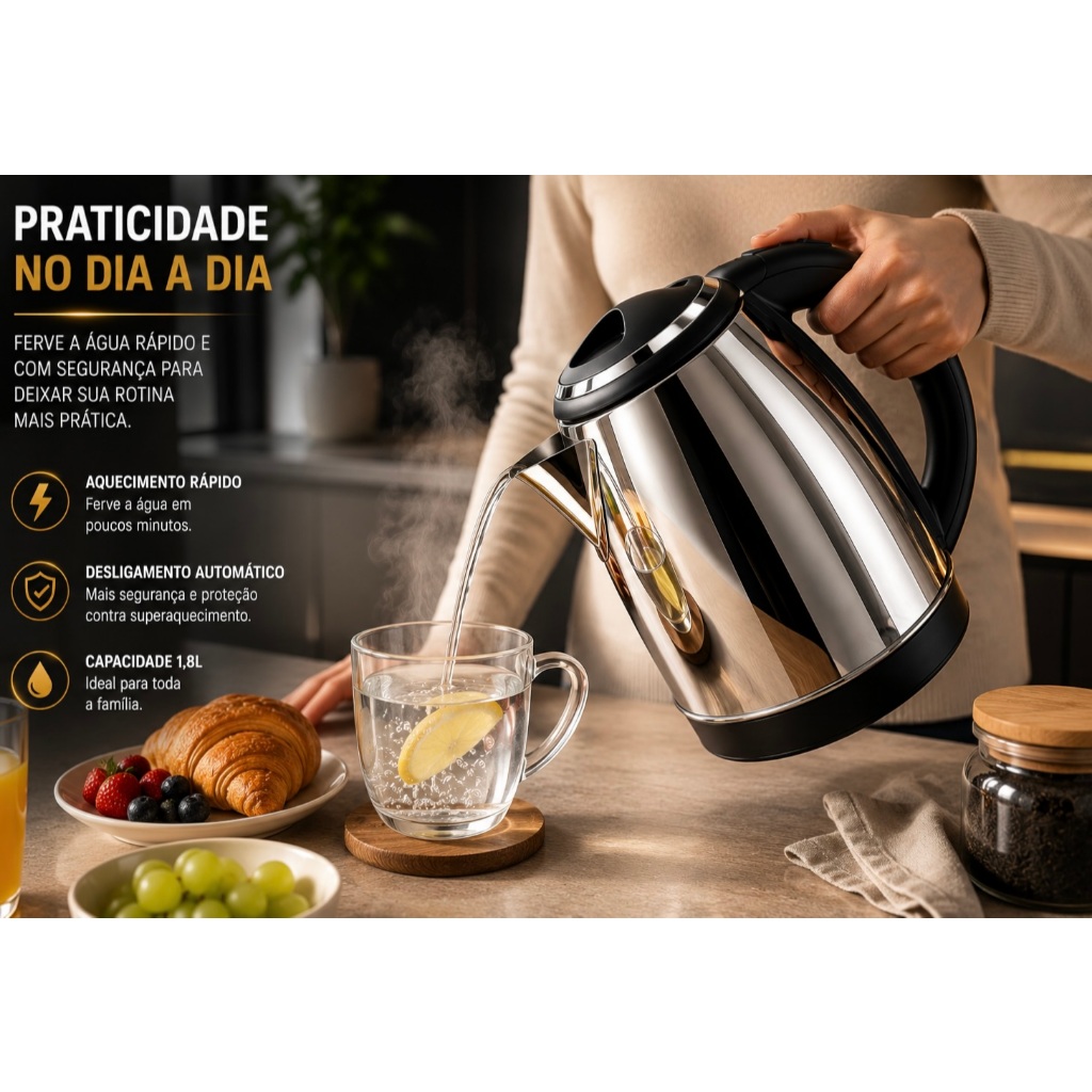 Chaleira Eletrica Inox 1500w 1,8 Litros Aquecimento Rápido Seguro Prática