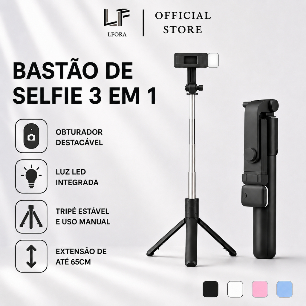 Pau de Selfie Tripé 3 em 1 Retrátil com Luz LED Embutida e Controle Bluetooth para Gravação e Fotos em Celular