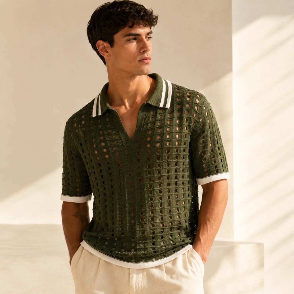 Camisa Polo Masculina Tricô Vazado Old Money Premium Conforto Leve Estilo Moderno Respirável