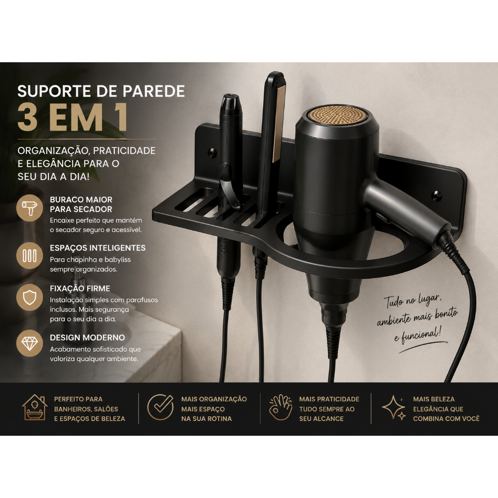 Suporte de Parede 3 em 1 para Secador, Chapinha e Babyliss | Organizador de Banheiro | Completo com parafusos