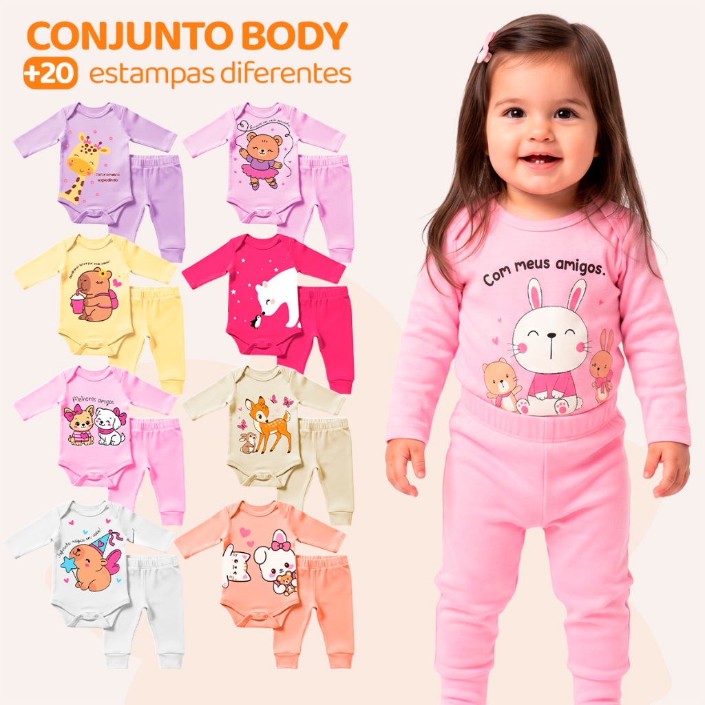 Kit 6 Peças de Roupas para Bebê Menina (Body Longo + Calça Mijão) Conjunto Body
