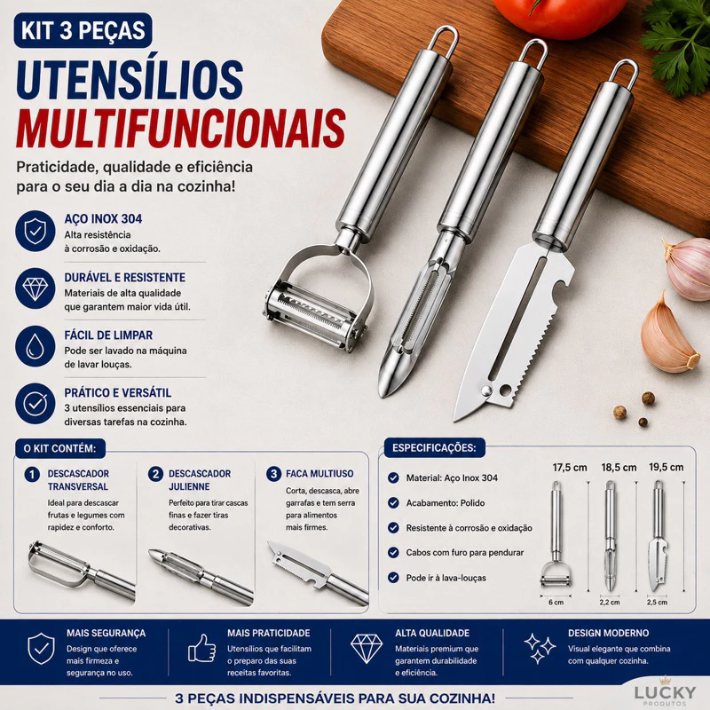 Kit 3 Descascadores Inox Legumes Frutas Escama Peixe Queijo — imagem 1