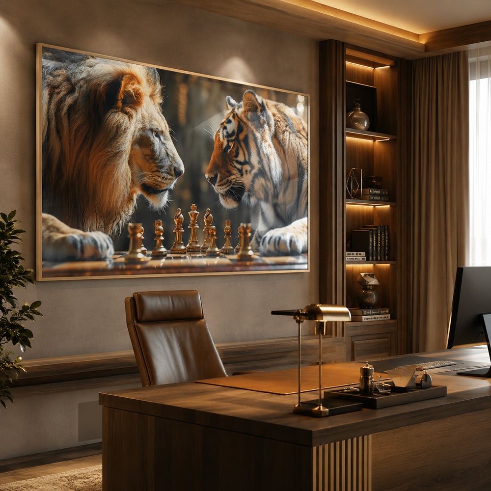 Quadro Leão e Tigre Xadrez Decorativo Moldura 50x75 ou 60x90 Sala Quarto Escritório · foto 2