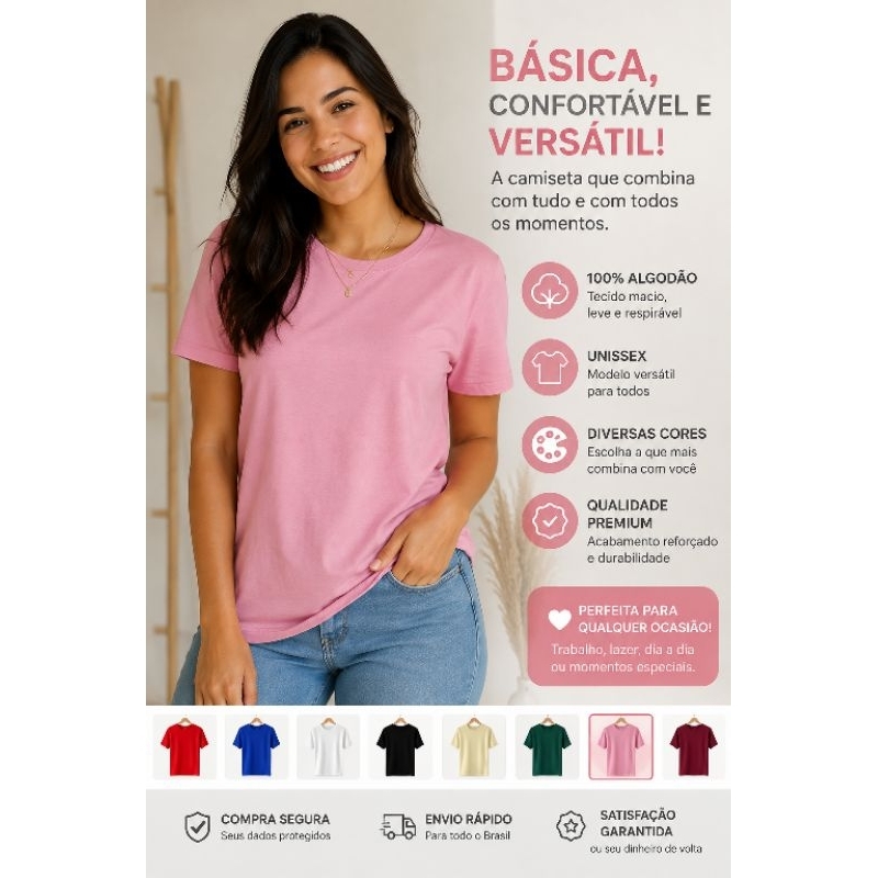 Camiseta Masculina E Feminina Lisa Básica 100% Algodão Unissex Diversas Cores