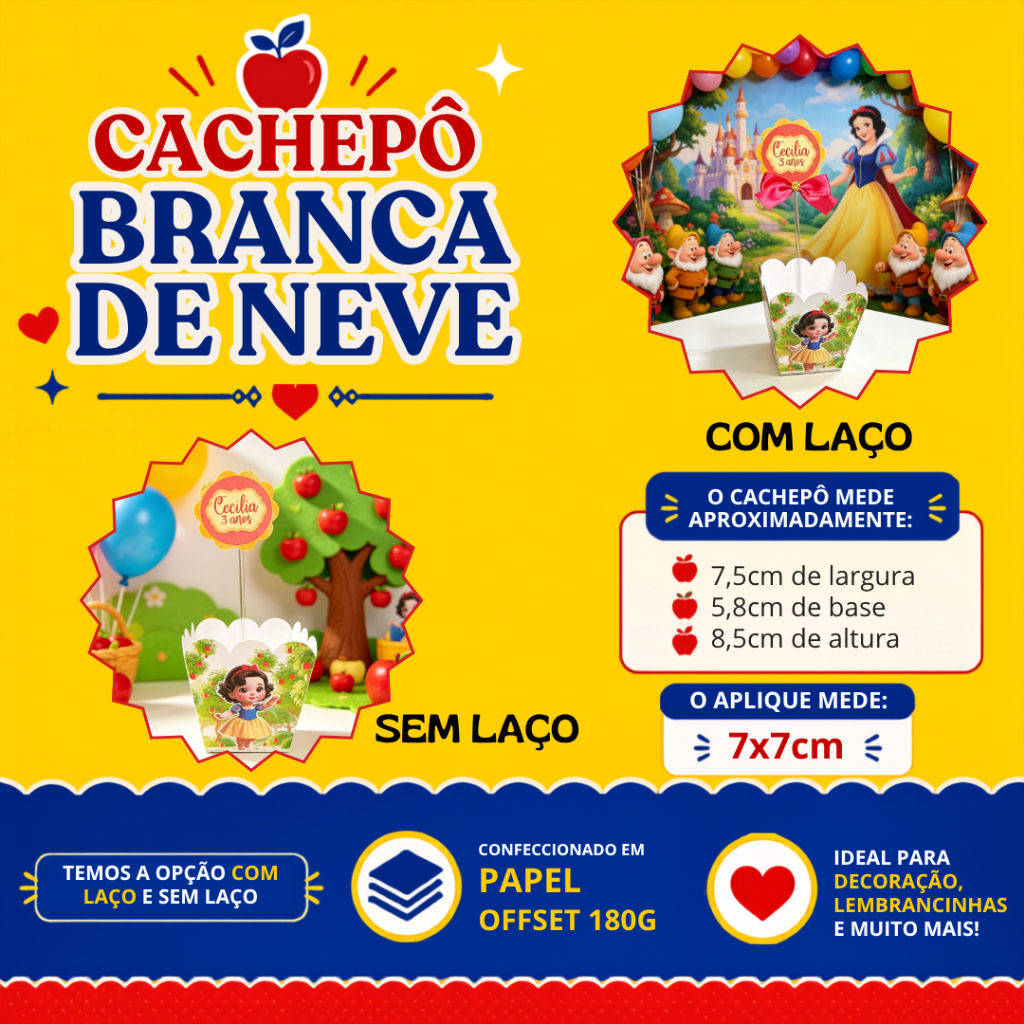 Centro de Mesa Cachepô Branca de Neve Personalizado | Centro de Mesa Branca de Neve | Lembrancinha Festa Infantil