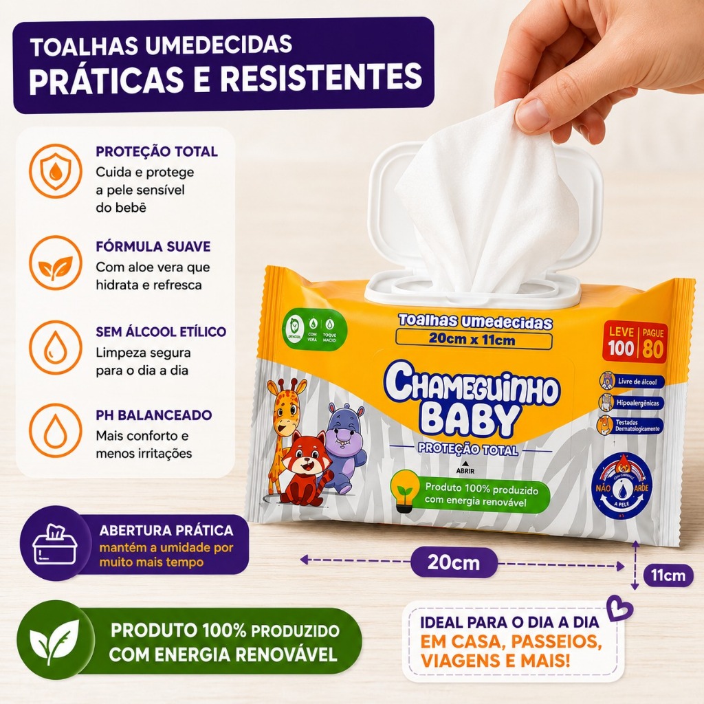 Kit 400 Lenços Umedecidos Chameguinho Baby RN Toalhas Infantil Higiene Bebê Menina Menino