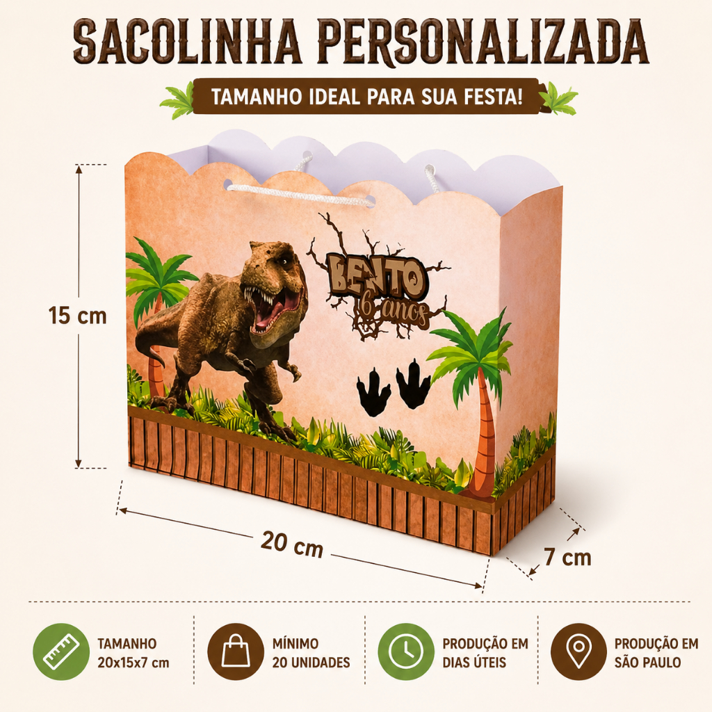 Sacolinha Personalizada Dinossauro | Lembrancinha de Aniversário | Montada | Com Alça |