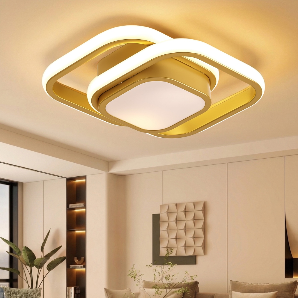 Lustre Pendente Luminaria De Teto Led Moderna Quadrada Quarto Dourado Sala Corredor Mesa Jantar 22w 127/220v