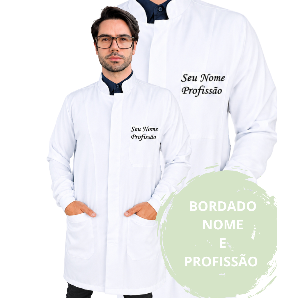 Jaleco Masculino Personalizado Com Nome e Profissão, Modelo Botão Embutido Bordado Bolso Superior