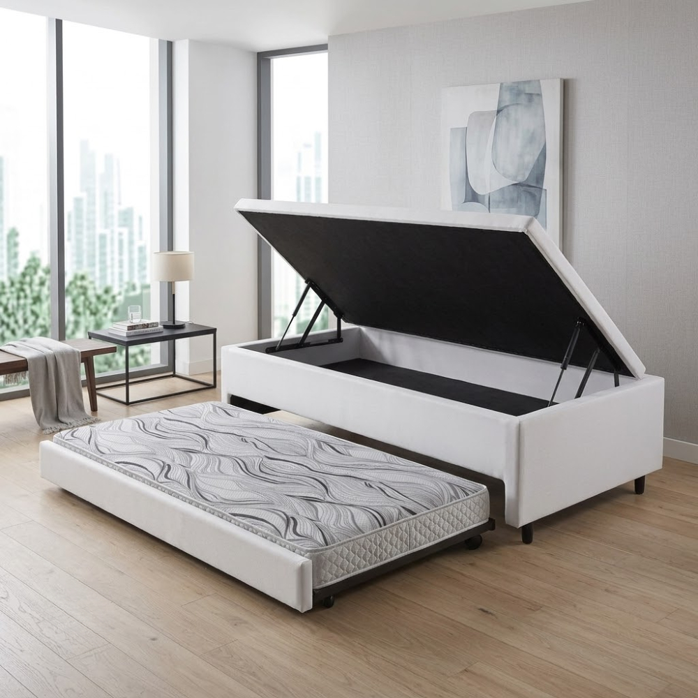 Bicama Box com Baú Solteiro Courino Linho Branco 88x188 com Colchão Auxiliar Ecoflex