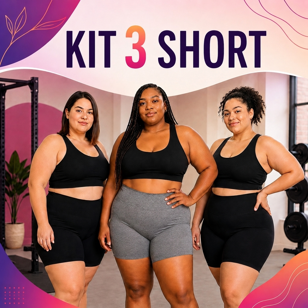Kit 3 Short Plus Size Fitness Feminino Curto Cintura Alta Modelador Confortável e Resistente