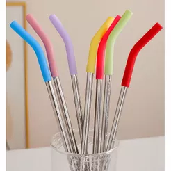 Canudo de Aço Inoxidável Reutilizável com Ponteira de Silicone Flexível 26,5cm para Bebidas